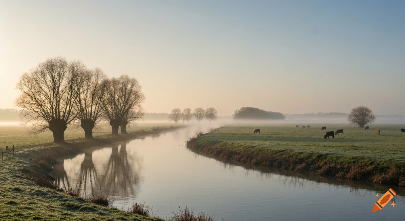 A serene, misty winter morning landscape features a calm river winding through fields where cows graze, lined by leafless pollard willows.