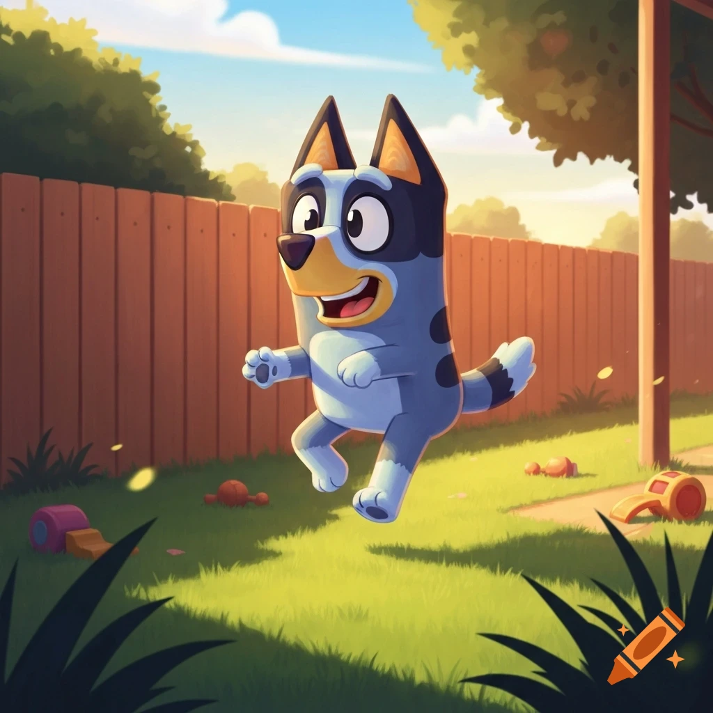 Cartoon Bluey, a blue dog, jumps happily in a sunny backyard with a wooden fence and toys on the grass.