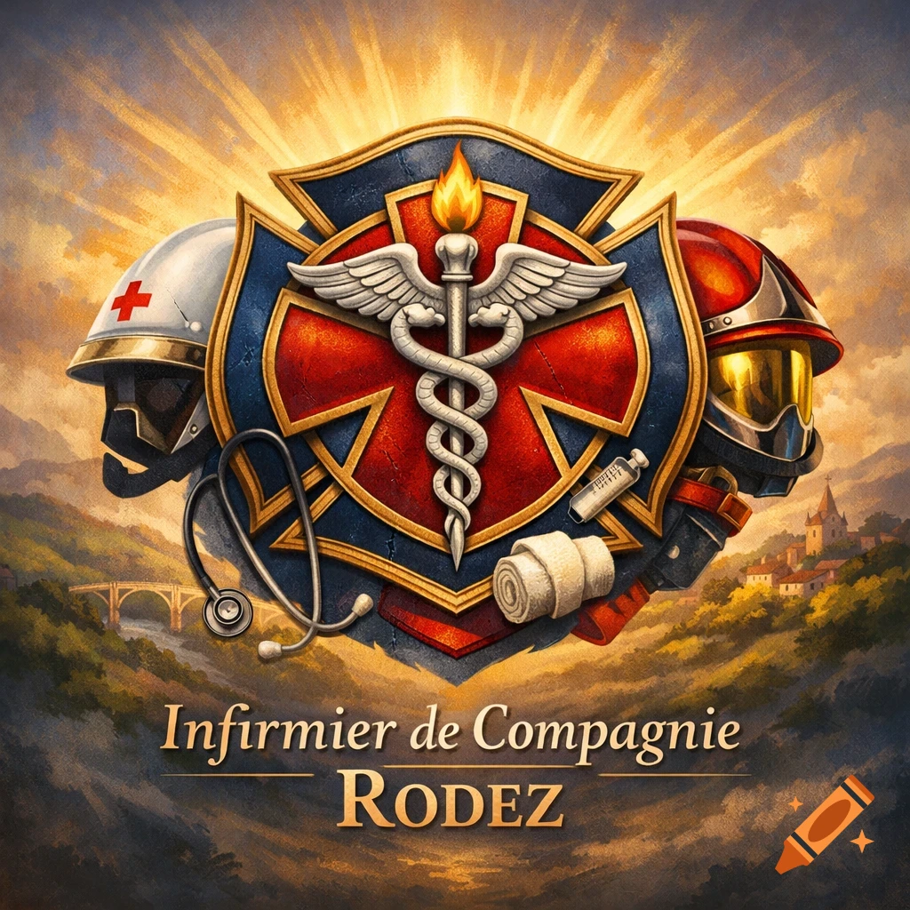 A stylized emblem combining a caduceus, firefighter helmet, medical helmet, and medical supplies, set against a sunny mountain landscape with text 'Infirmier de Compagnie RODEZ'.