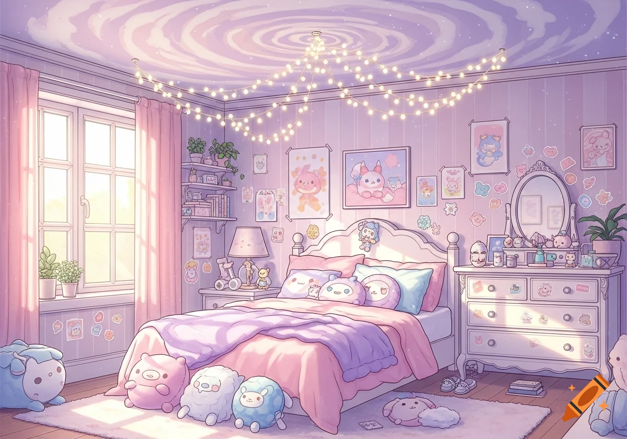 A pastel pink and purple anime-style bedroom with string lights, cute stuffed animals, and wall art.