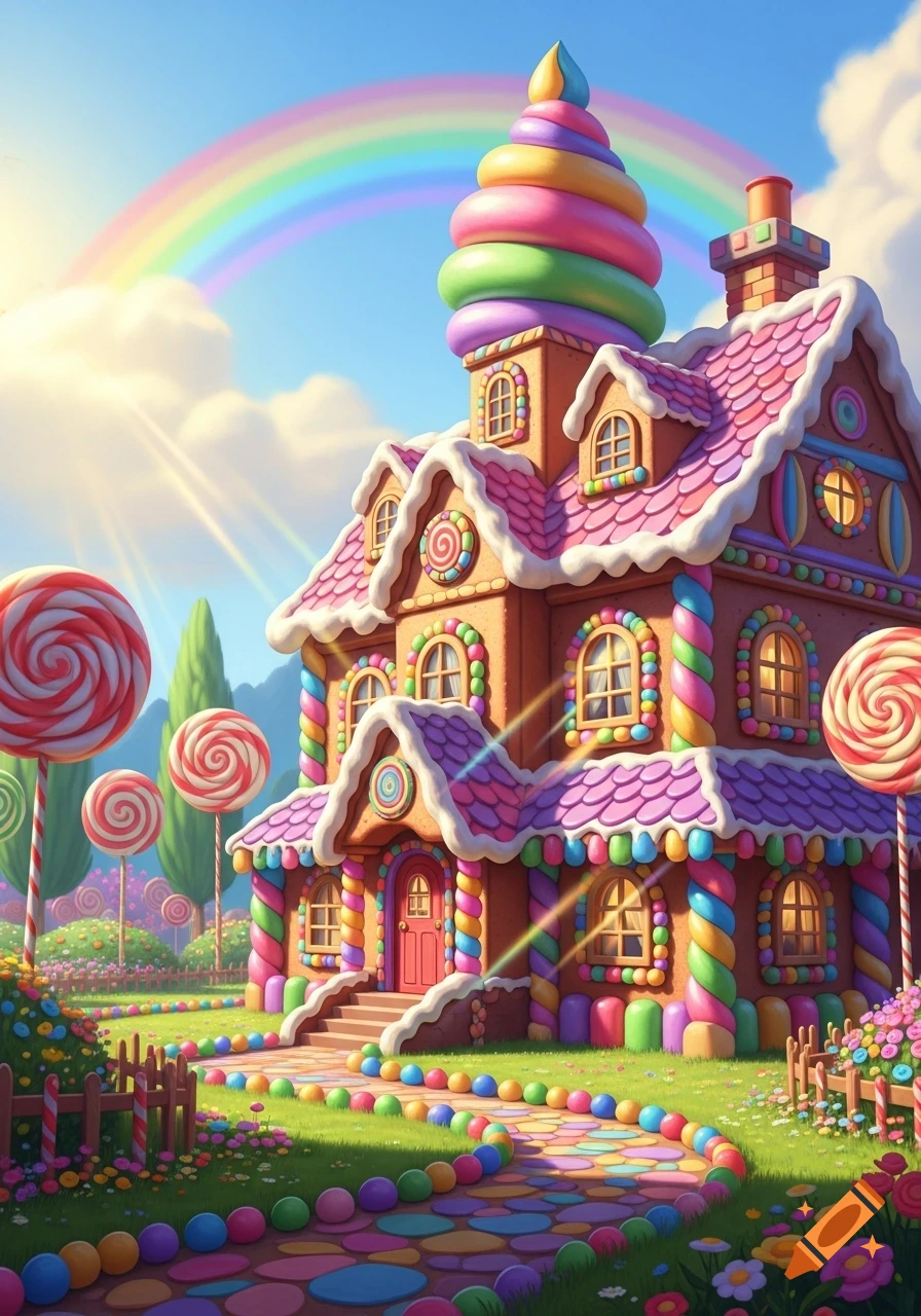 A vibrant, cartoon-style candy house with a pink roof, colorful decorations, giant lollipops, and a rainbow in the sky.