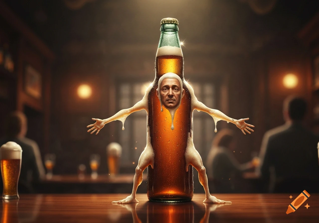 A photorealistic, surreal image of a beer bottle with a human face, arms, and legs made of foam standing on a bar in a dimly lit pub.