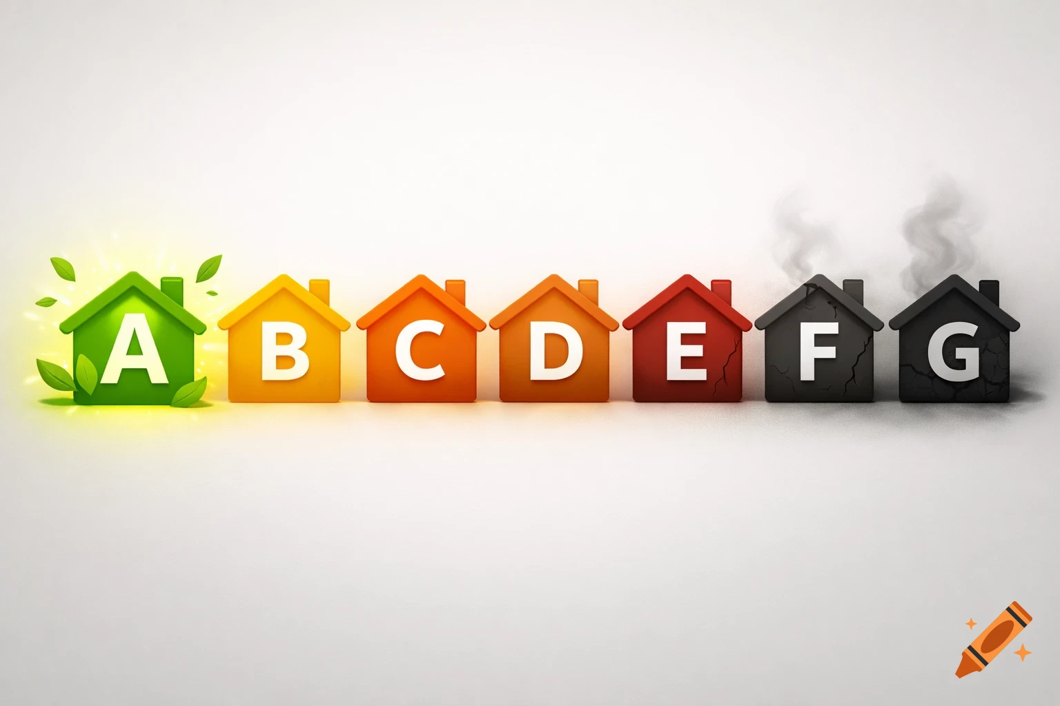 A row of colorful houses representing energy classes, from green 'A' with leaves and glow to black 'G' with smoke, against a white background.