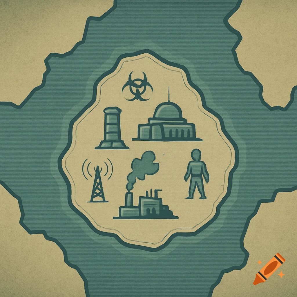 Top-down retro-futuristic map with a central island showing industrial structures, a person, and a biohazard symbol on a textured background.