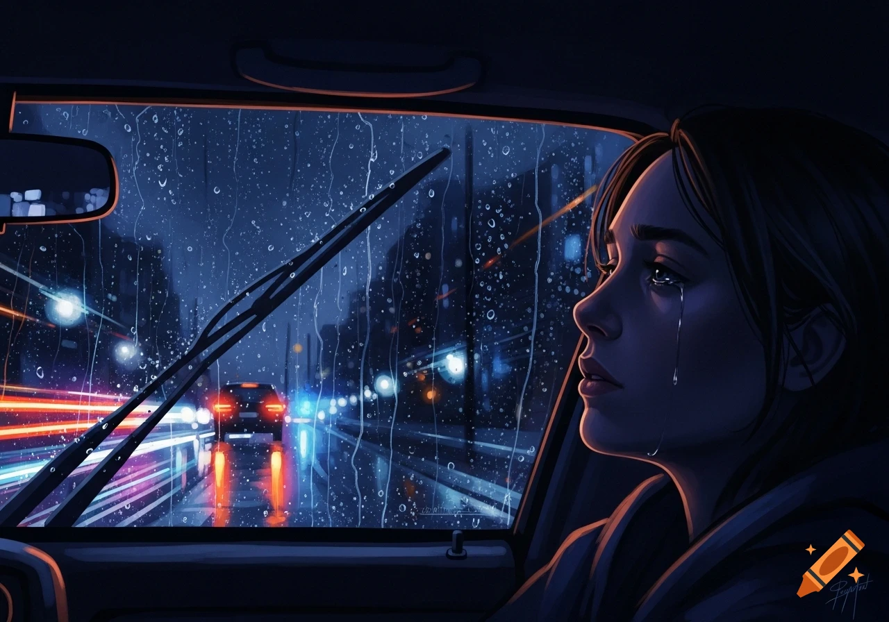 Digital illustration of a crying woman looking out a rain-streaked car window at a blurry city street with light trails at night.