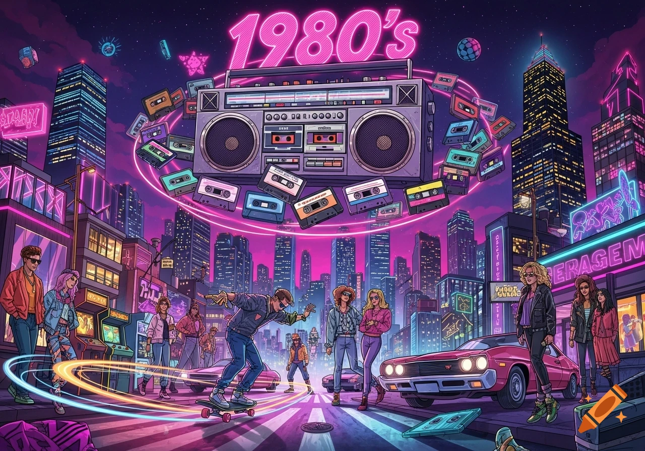 Vibrant 80s synthwave cityscape with people, boombox, cassette tapes, and neon lights in a retro style.