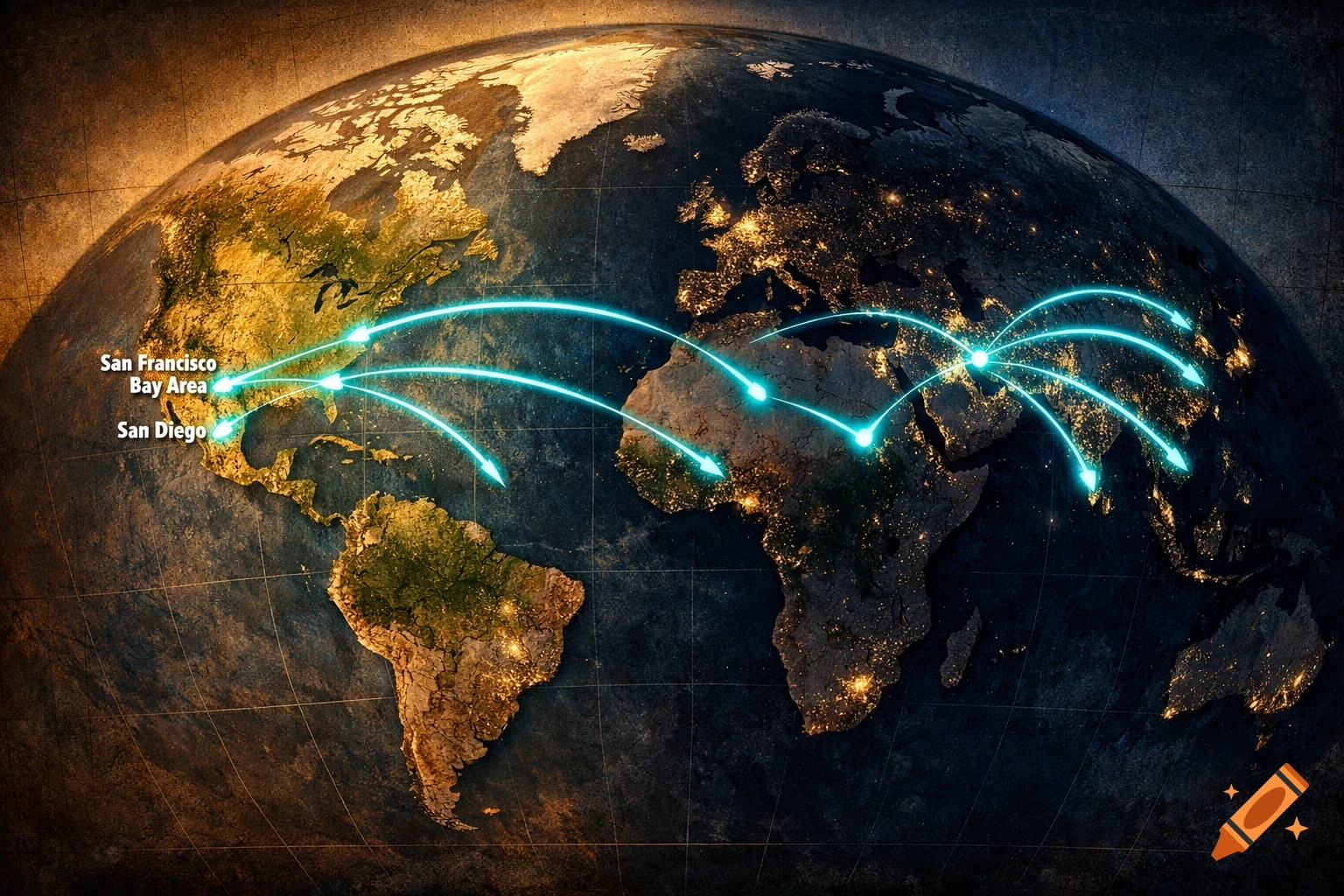 A world map displaying day and night, with glowing blue lines connecting San Francisco, San Diego, and various sites across Asia.