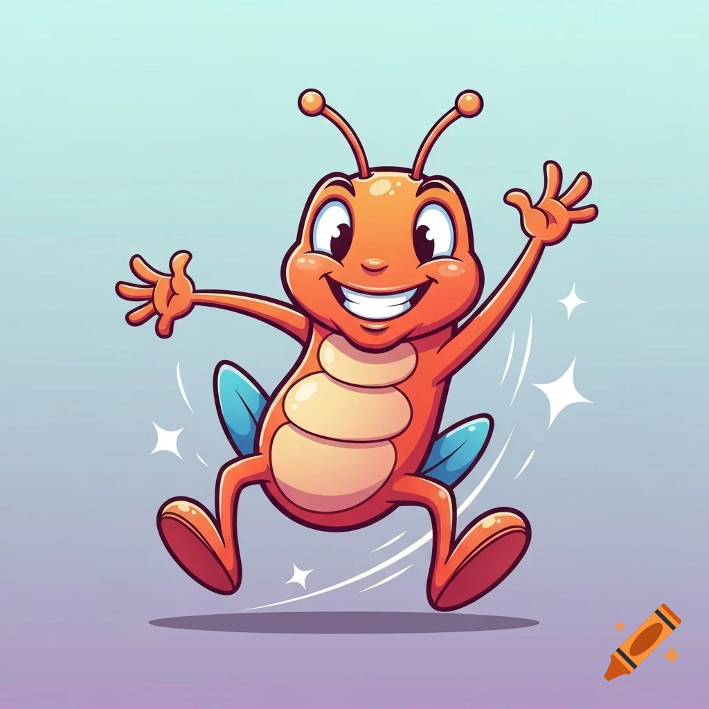 A happy, orange cartoon bug with blue accents jumps joyfully, surrounded by sparkling effects.
