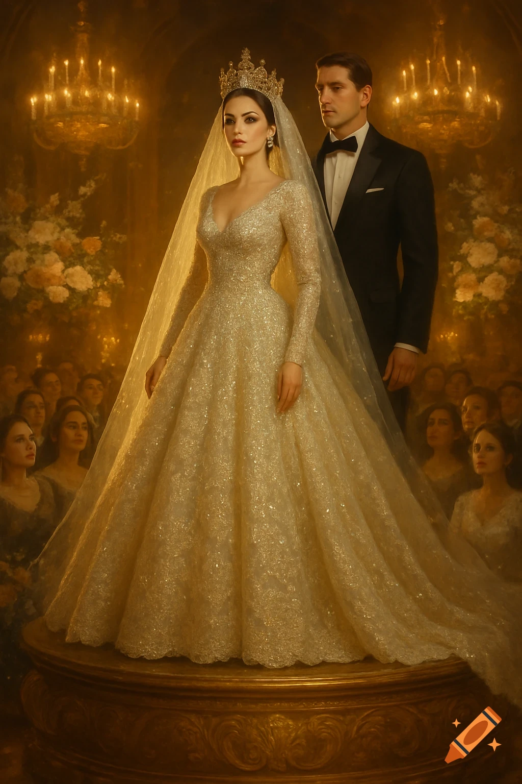 A regal bride in a shimmering golden gown and crown stands on a platform next to a groom in a tuxedo, in a grand hall.