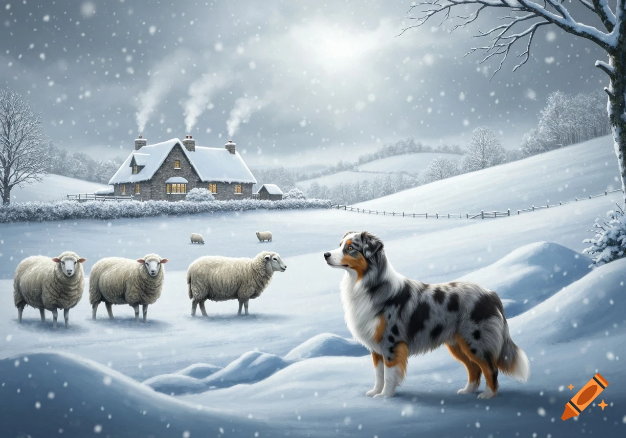 An Australian Shepherd dog stands in a snowy winter landscape with sheep and a cozy, snow-covered house.