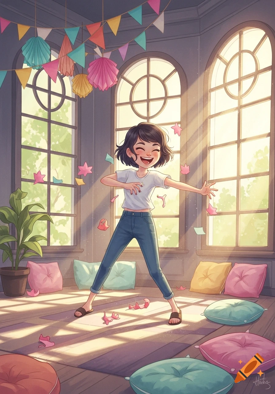 Smiling short-haired girl dancing excitedly amidst floating paper stars and cushions in a sunny room with party decorations, anime style.