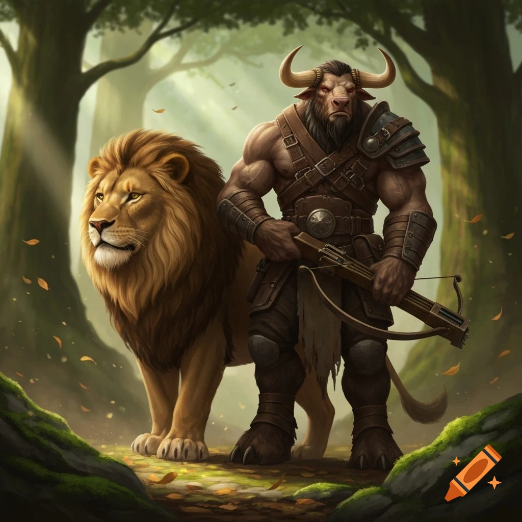 A muscular minotaur in armor holding a crossbow stands beside a majestic lion in a sun-dappled forest.