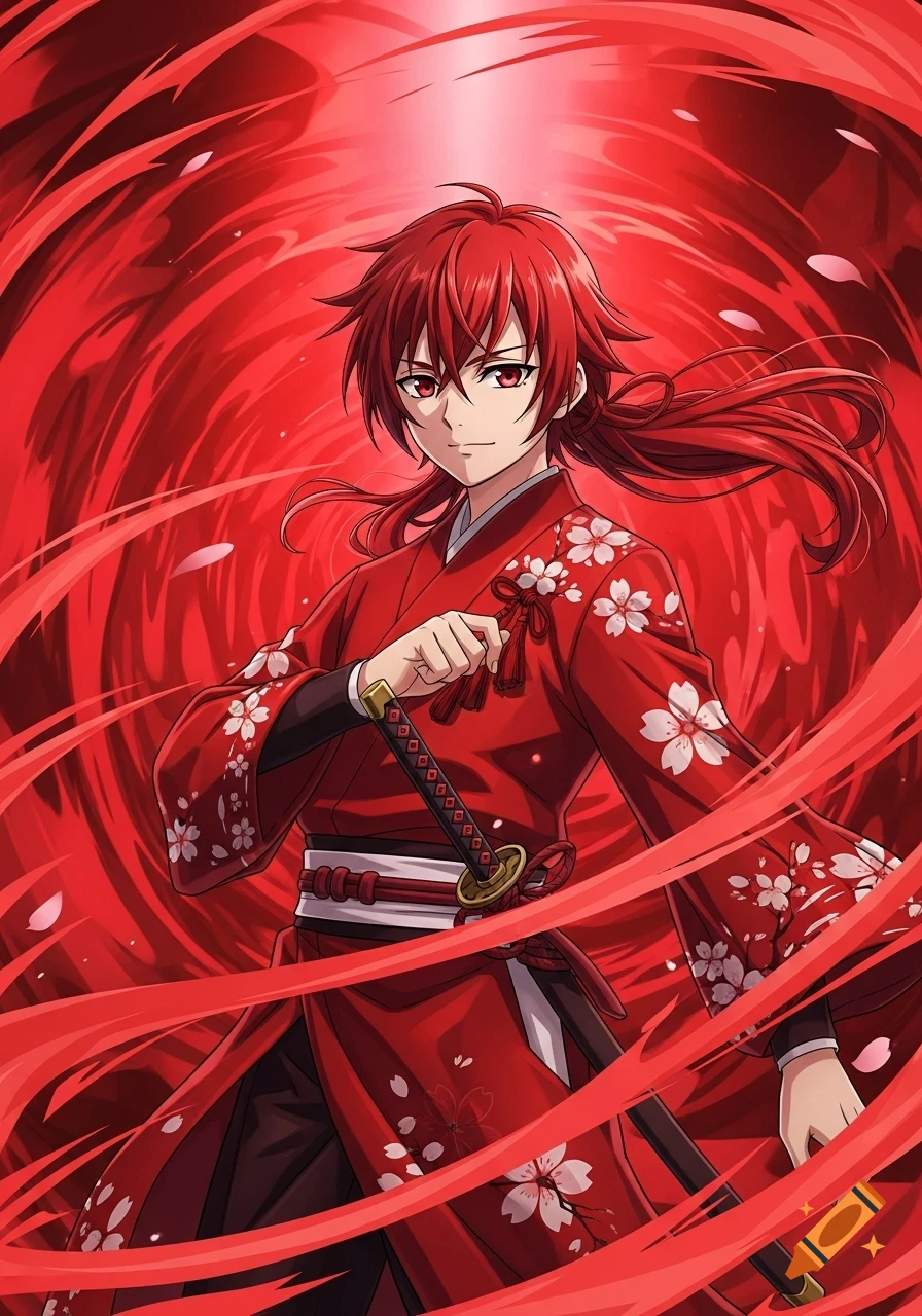 Anime character in red kimono with cherry blossoms, holding a katana against a swirling red background.