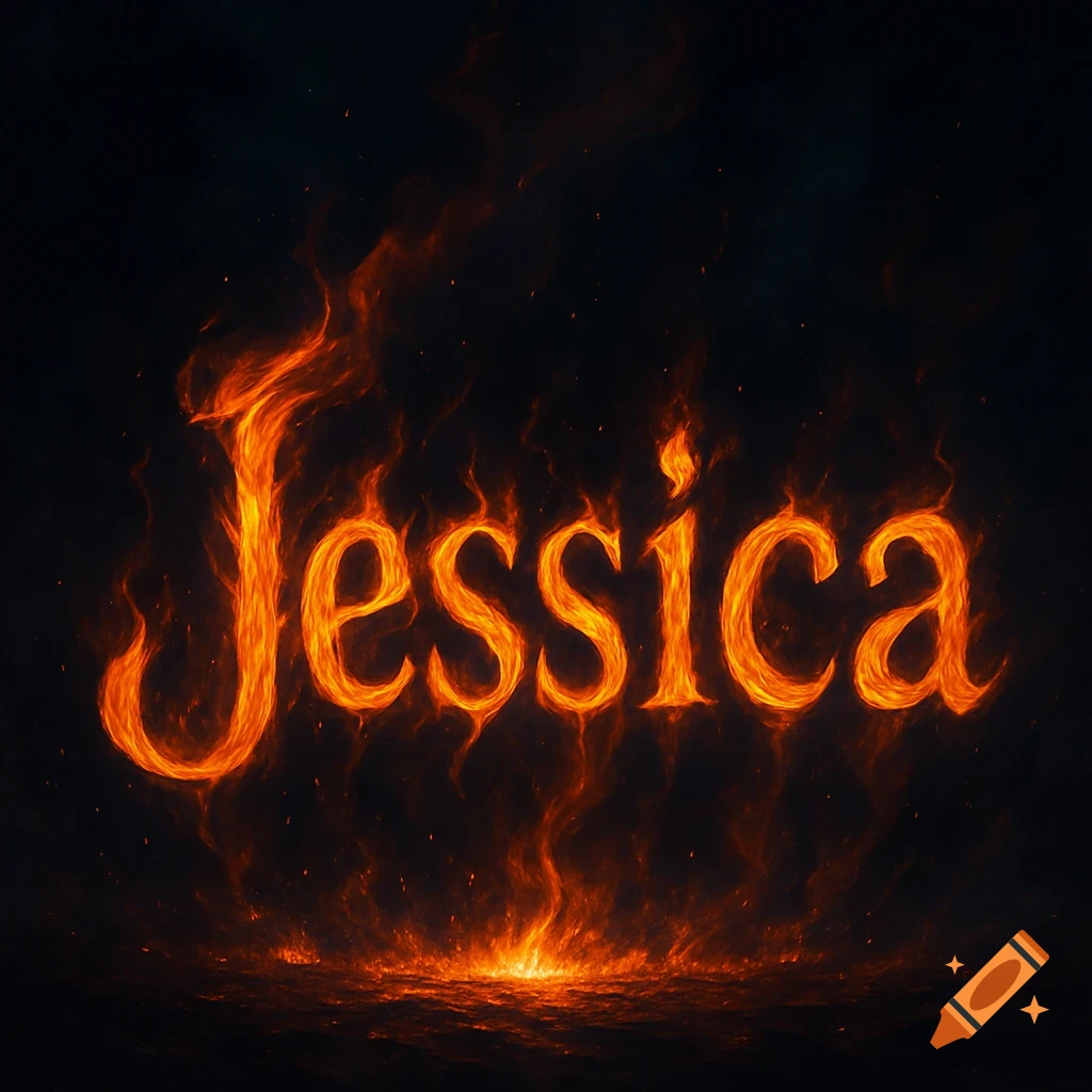 The name 'Jessica' rendered in burning orange flames on a dark background, with fire rising from below.