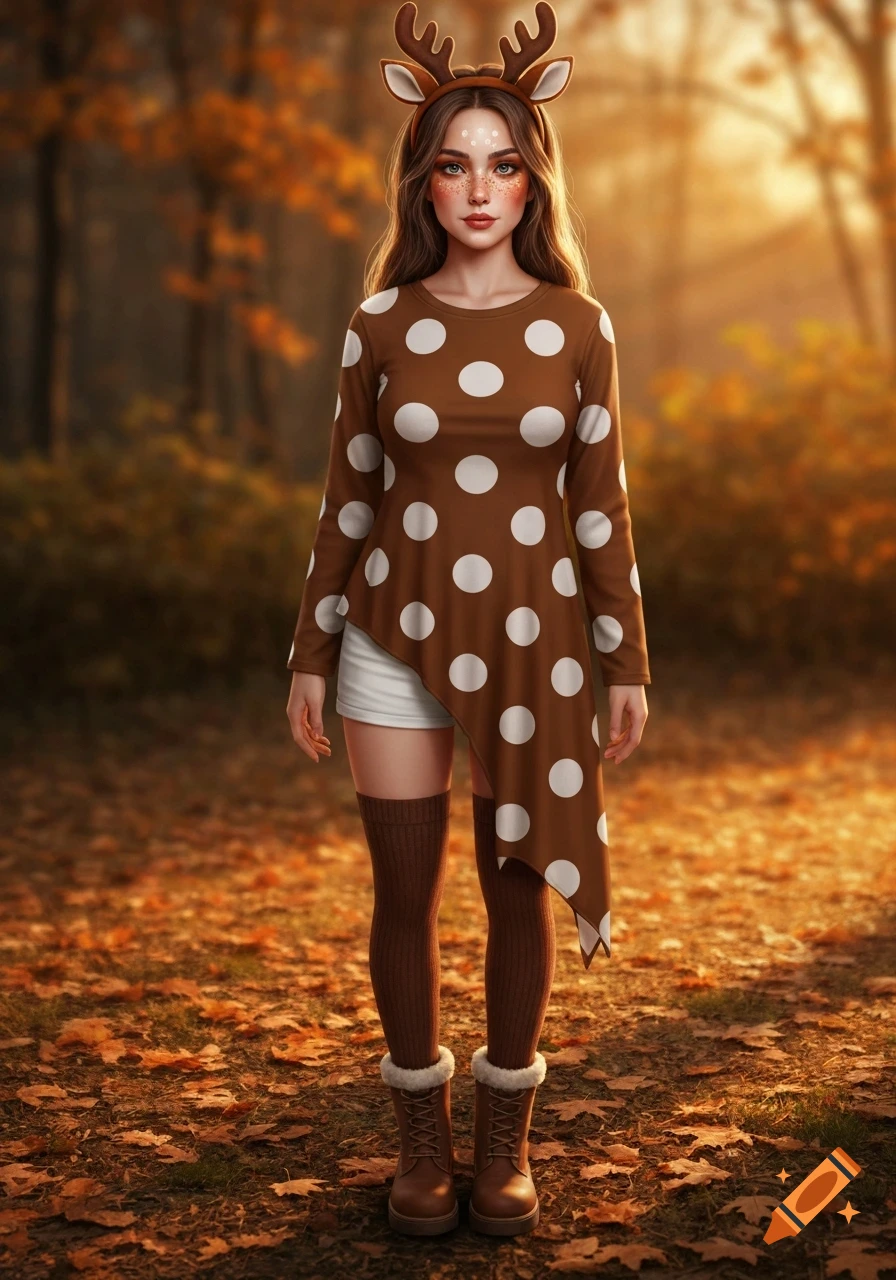 A young woman dressed as a deer stands in an autumn forest, wearing a brown polka-dot tunic, white shorts, brown socks, and boots.