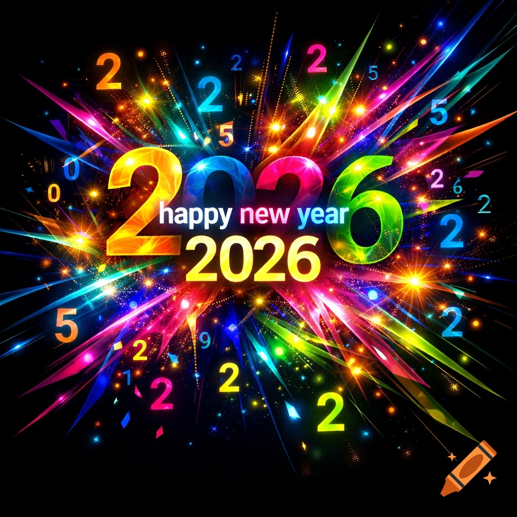 Vibrant abstract New Year's graphic with "happy new year 2026" in colorful stylized text amid bright fireworks and scattered numbers on a black background.