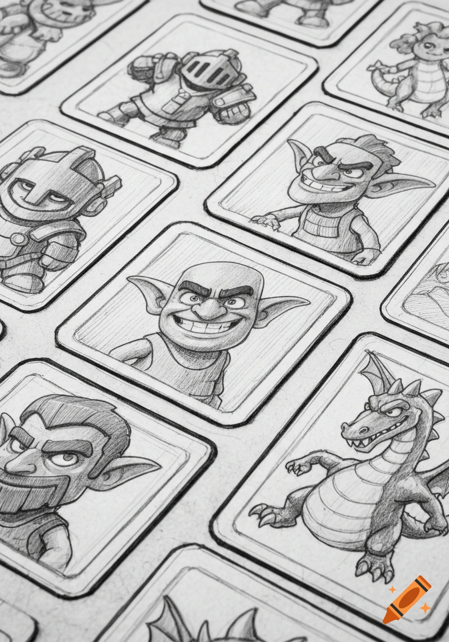 A close-up pencil sketch of multiple cartoonish Clash Royale characters like knights, goblins, and a dragon, each in individual card-like frames.