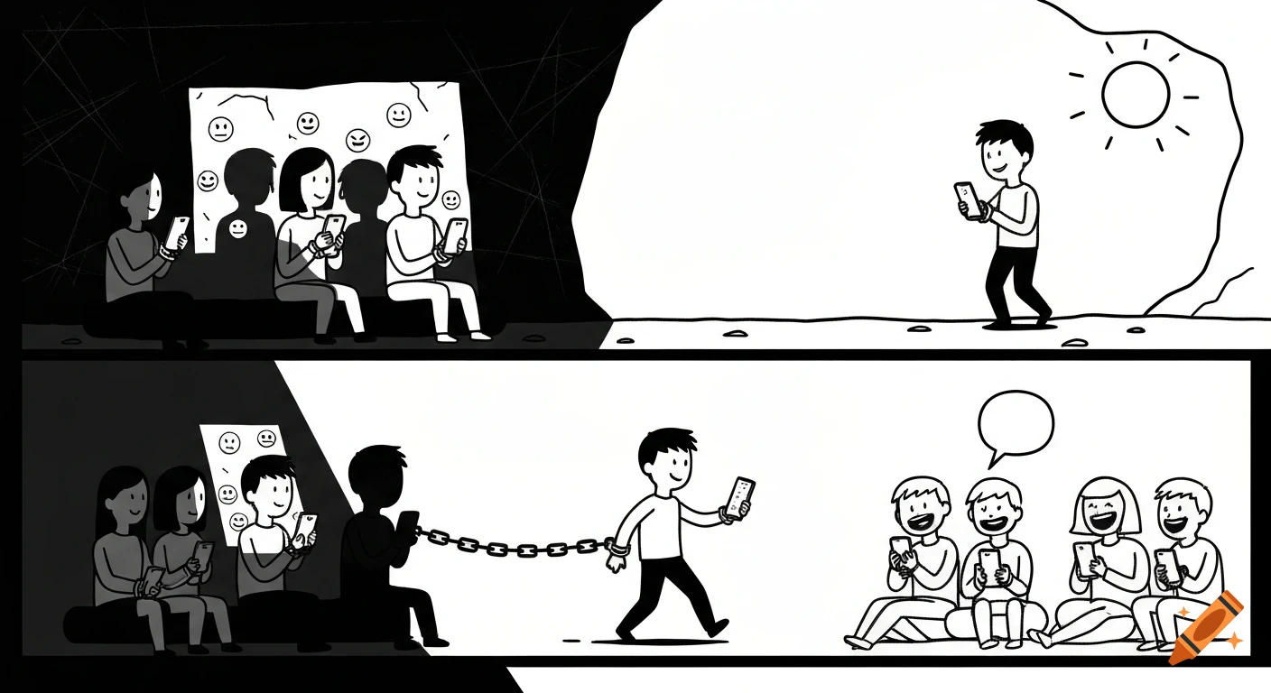 Black and white comic panels depicting Plato's Cave allegory with mobile phone addiction. Figures chained to phones in darkness, one breaks free into sunlight, others laugh at him while looking at their phones.