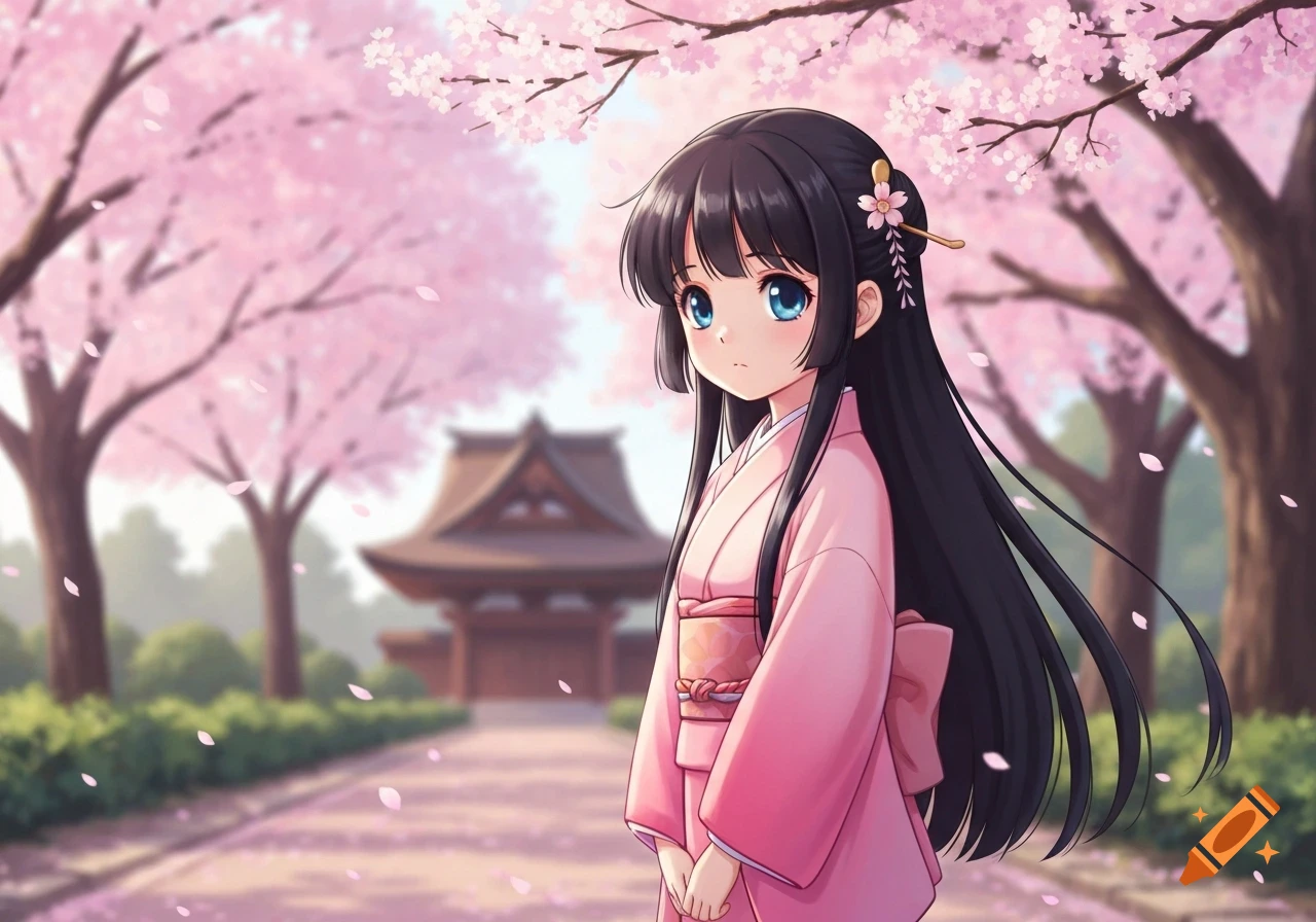 Anime girl in a pink kimono standing under blooming cherry blossom trees with a traditional Japanese building in the background.