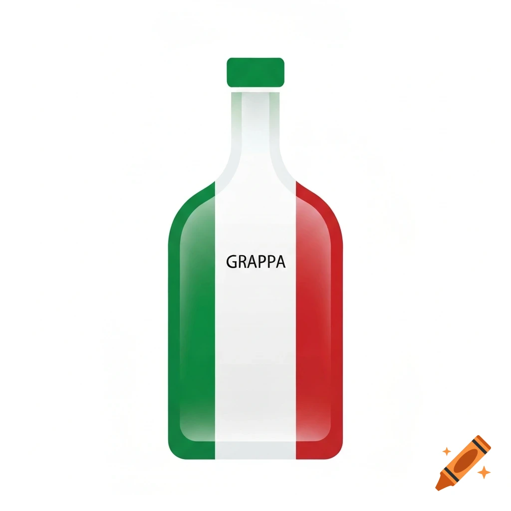 A stylized bottle of grappa designed as the Italian flag, with green, white, and red vertical stripes, and 'GRAPPA' in black text.