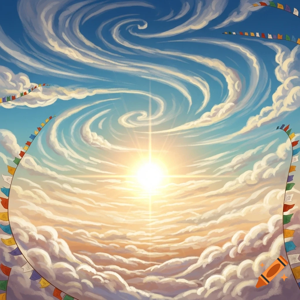 Bright sun in a blue sky with swirling clouds and strings of colorful Tibetan prayer flags. Illustrative style.