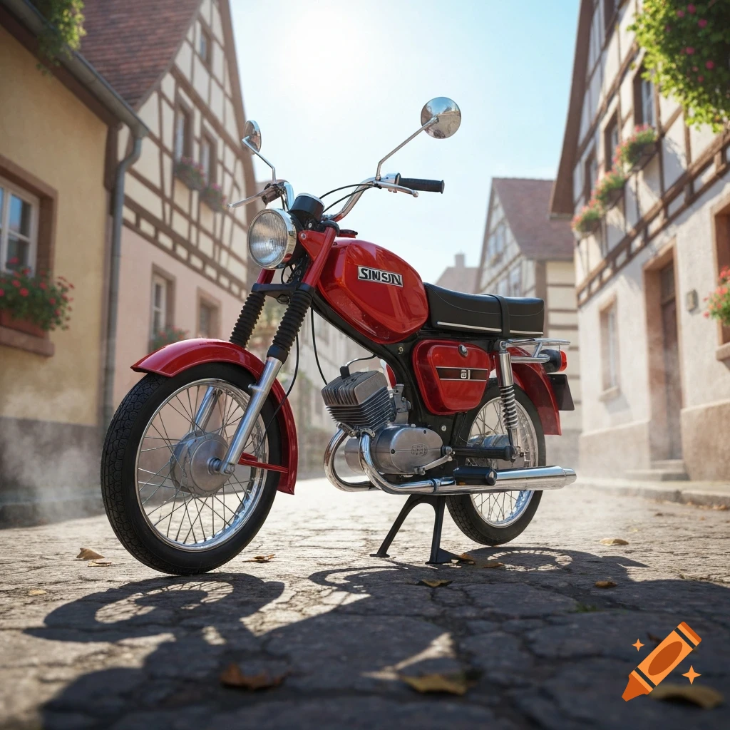 A red vintage motorcycle, with "SINSIN" on its tank, is parked on a cobblestone street in a sunny European town.