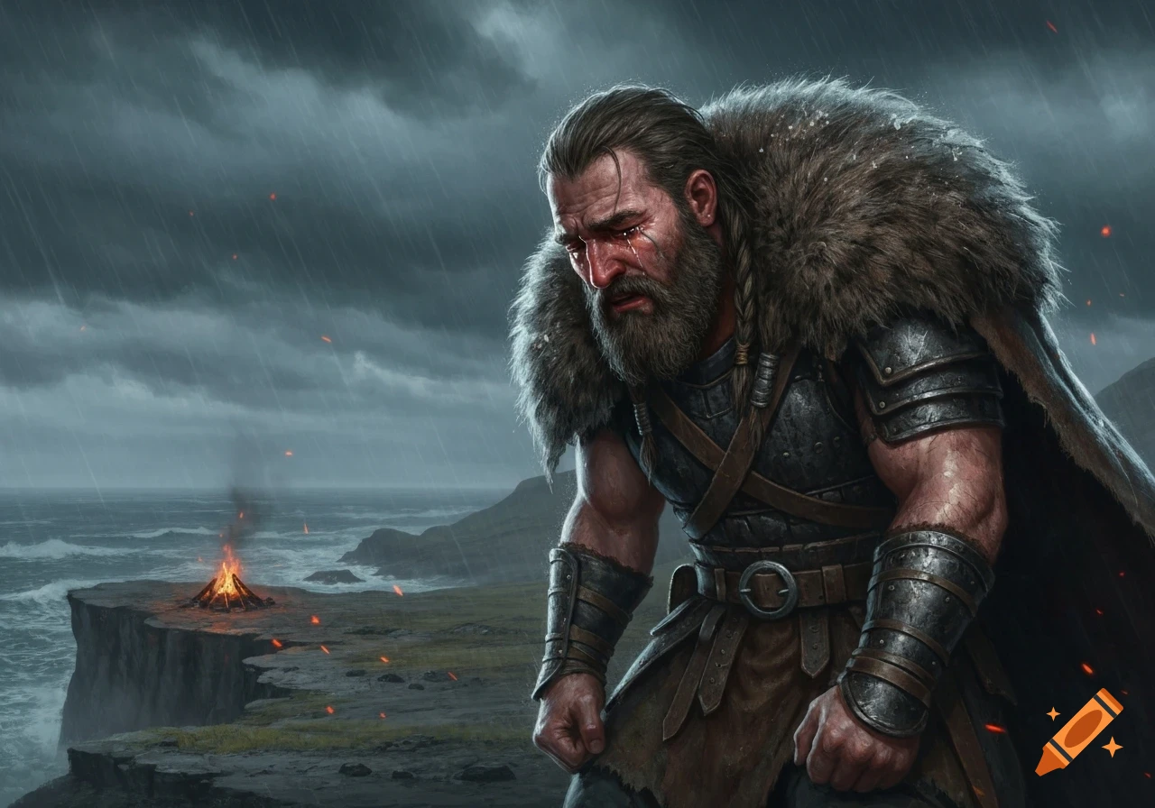 A bearded viking warrior cries on a stormy cliff overlooking a rough sea with a bonfire on a distant ledge, dramatic art.