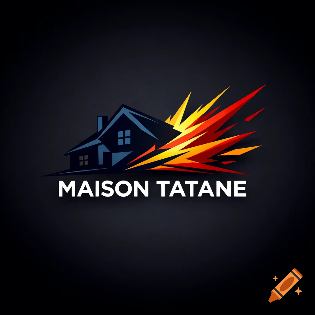 A logo for 'Maison Tatane' featuring a stylized blue house with an orange and red explosion-like impact on the right.
