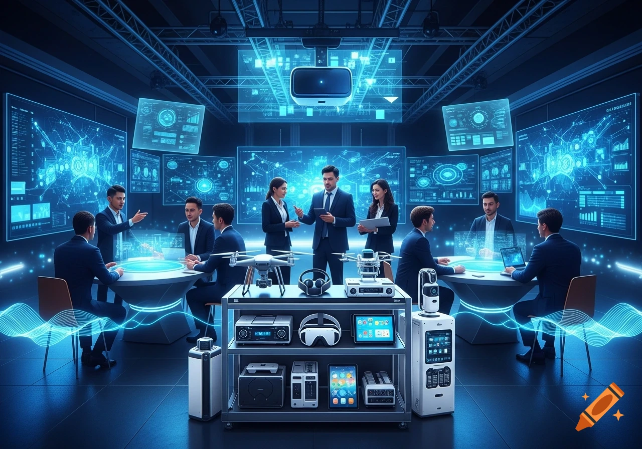 A group of professionals in a futuristic control room, surrounded by large blue holographic screens displaying data and a cart with AI equipment.