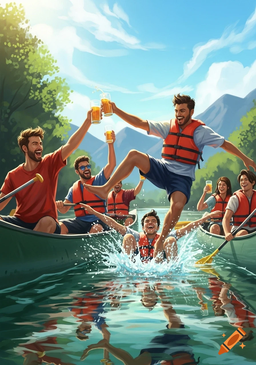 An illustration of a diverse group of friends laughing and toasting in canoes on a sunny river, with one person splashing into the water.
