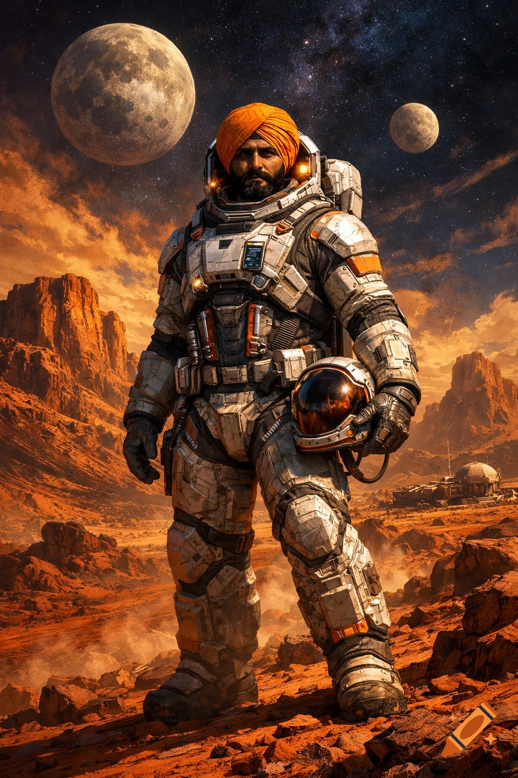 A photorealistic image of a Sikh astronaut in a detailed spacesuit standing on a rocky, reddish Martian landscape under a starry sky with two large moons.