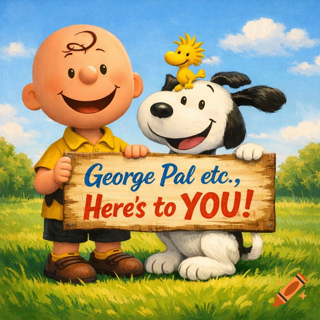 Charlie Brown, Snoopy, and Woodstock in a grassy field hold a sign saying 'George Pal etc., Here's to YOU!' in a cartoon style.