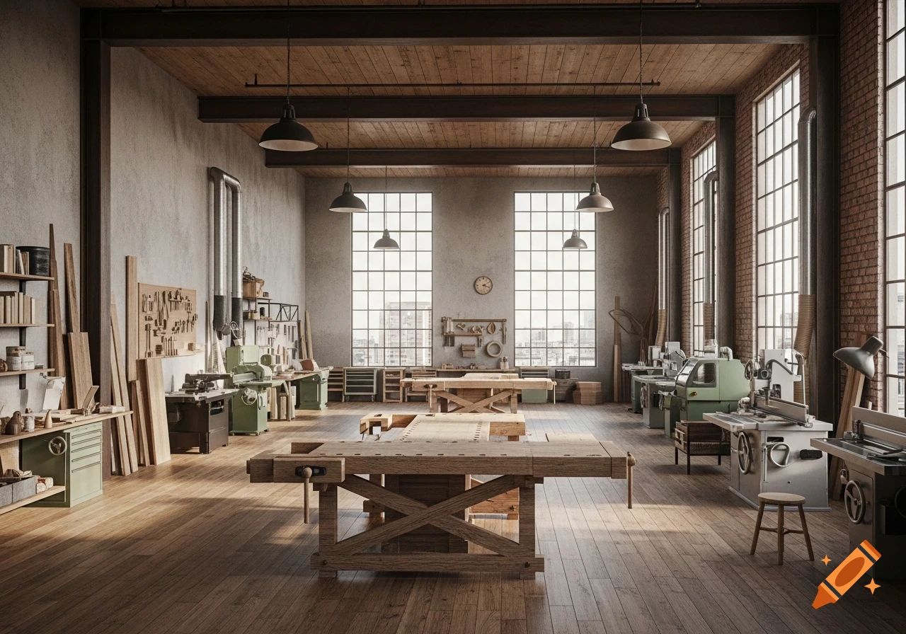A spacious industrial woodworking shop with large windows, wooden workbenches, and various machines.