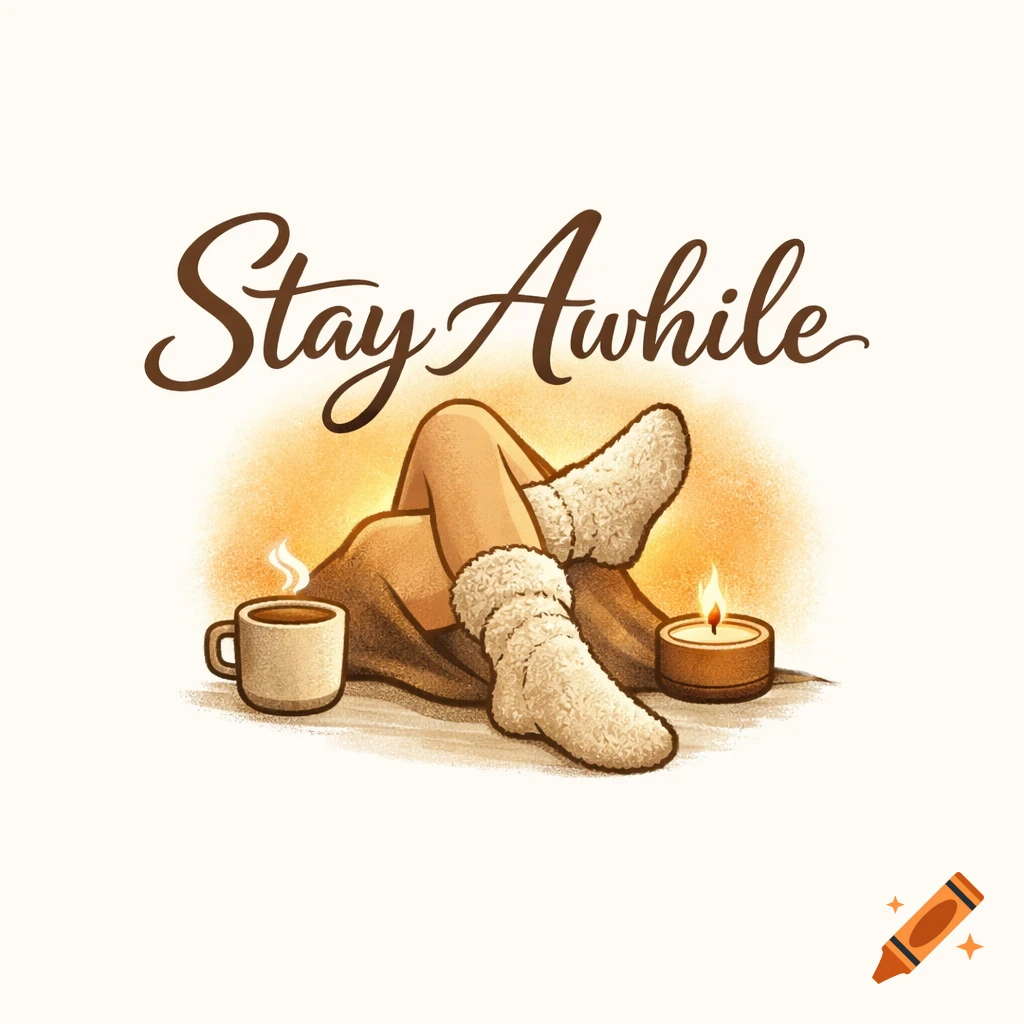 Illustration of legs in fuzzy socks, a coffee cup, and a lit candle with a cozy glow. Text: 'Stay Awhile'.