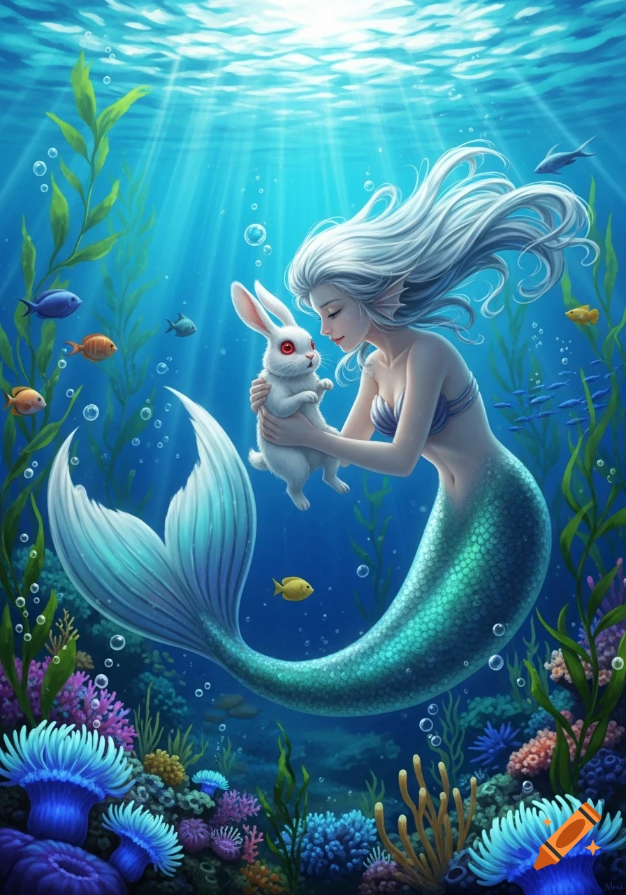 A white-haired mermaid with a teal tail lovingly cradles a white rabbit with red eyes in a vibrant underwater scene with coral and fish.