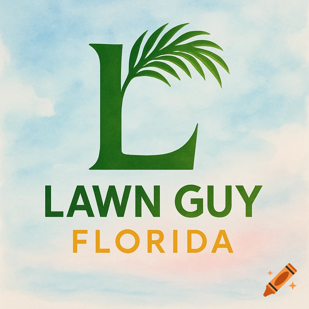 A green logo featuring a stylized letter L with a palm frond, text reads LAWN GUY and FLORIDA, on a watercolor sky background.
