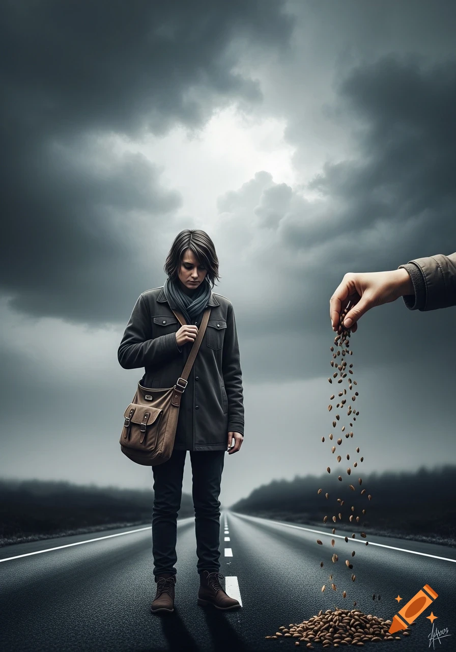 A person stands on a desolate highway under a stormy sky as a hand drops seeds onto the road, symbolizing futility.