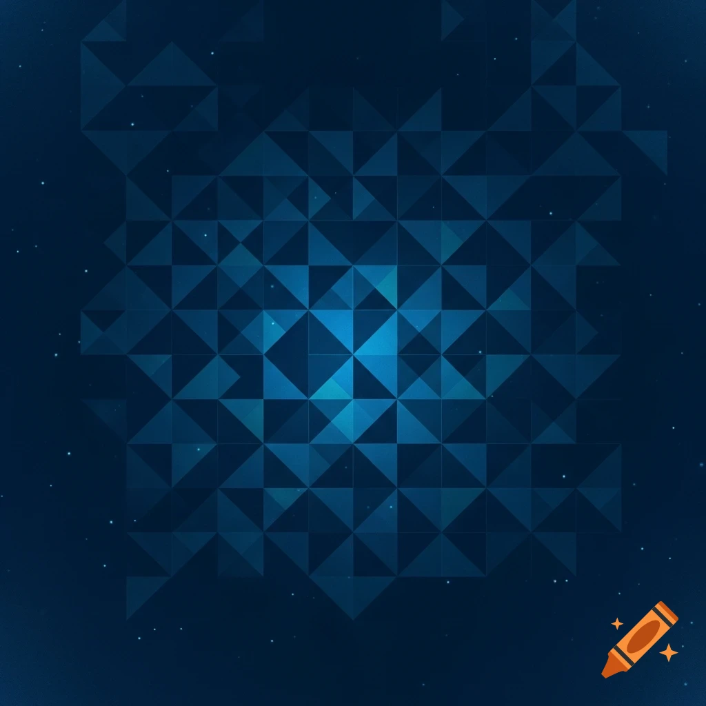 Abstract blue geometric pattern of triangles and squares with a central glow and small scattered light specks.
