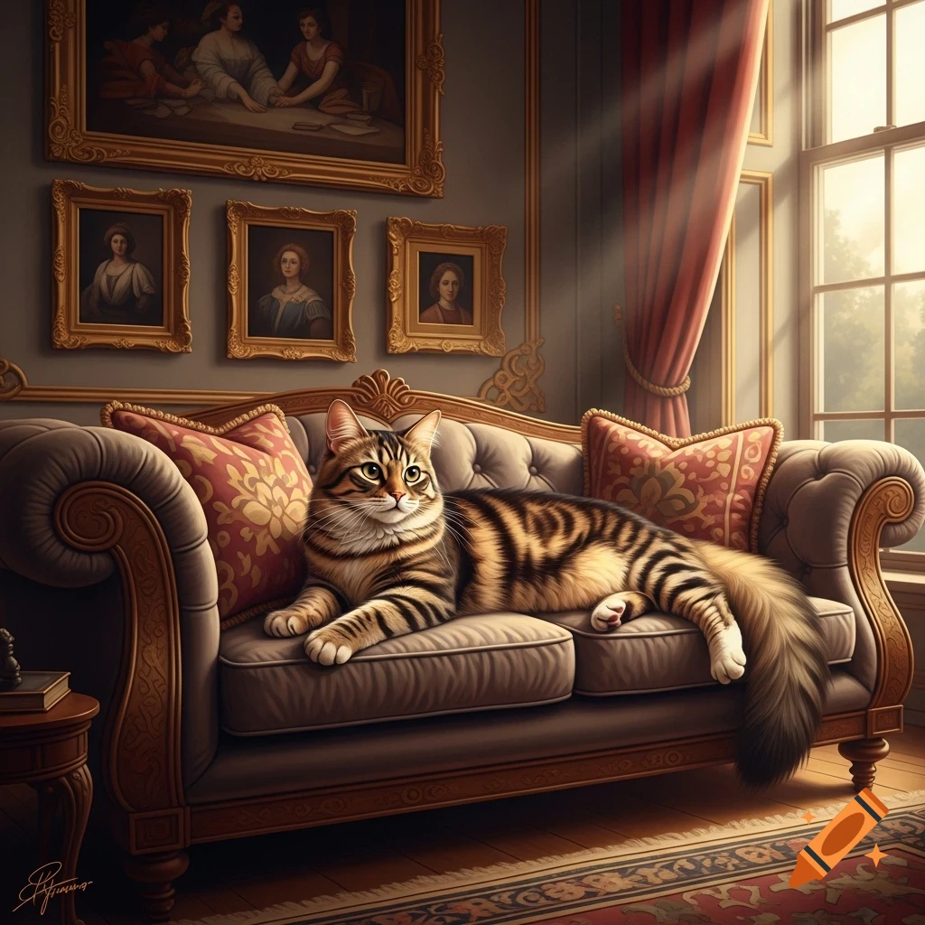 A tabby cat lounges regally on a luxurious grey couch in an ornate room with framed portraits and a sunny window.