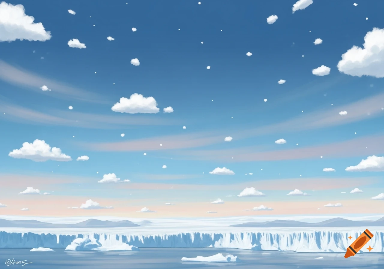 A calm Arctic landscape with a bright blue sky, small white clouds, a large glacier, and water with ice floes in a digital painting style.