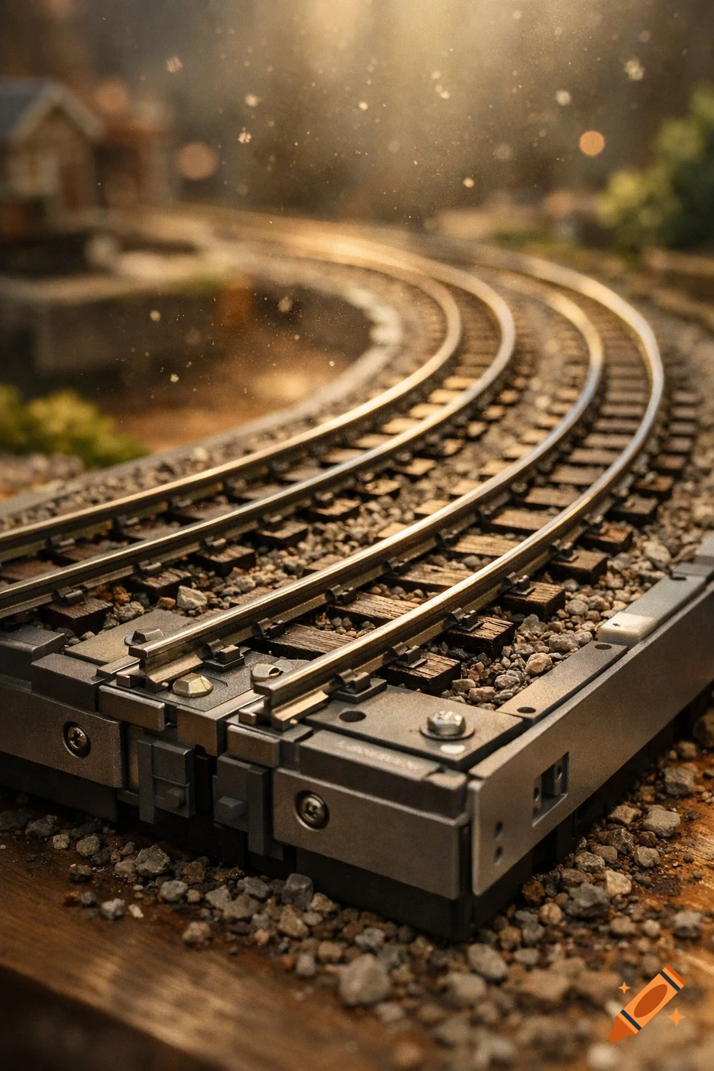 Close-up of model train tracks curving into the distance, with gravel, wooden ties, and a modular base in warm light. Blurred miniature house in background.
