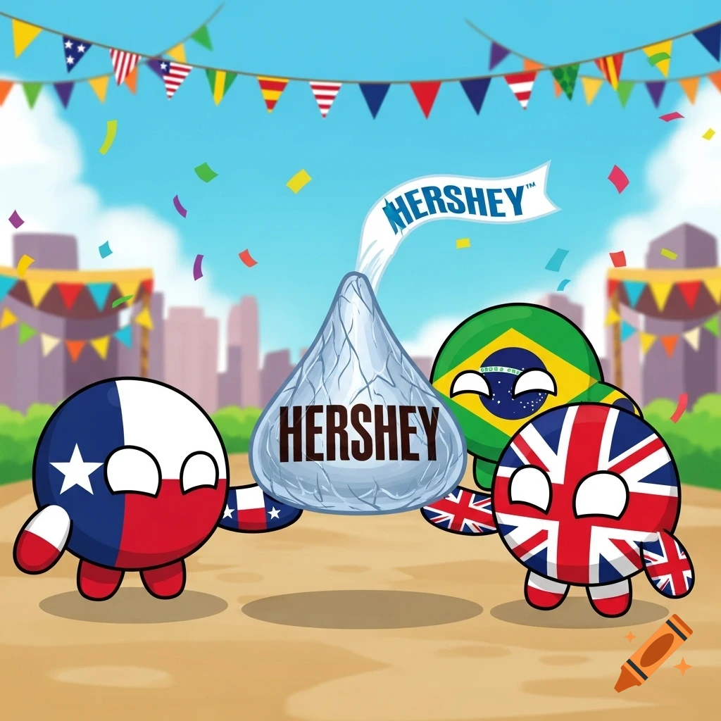 Cartoon countryballs representing Texas, Brazil, and the UK hold a large Hershey's Kiss, with festive decorations in the background.