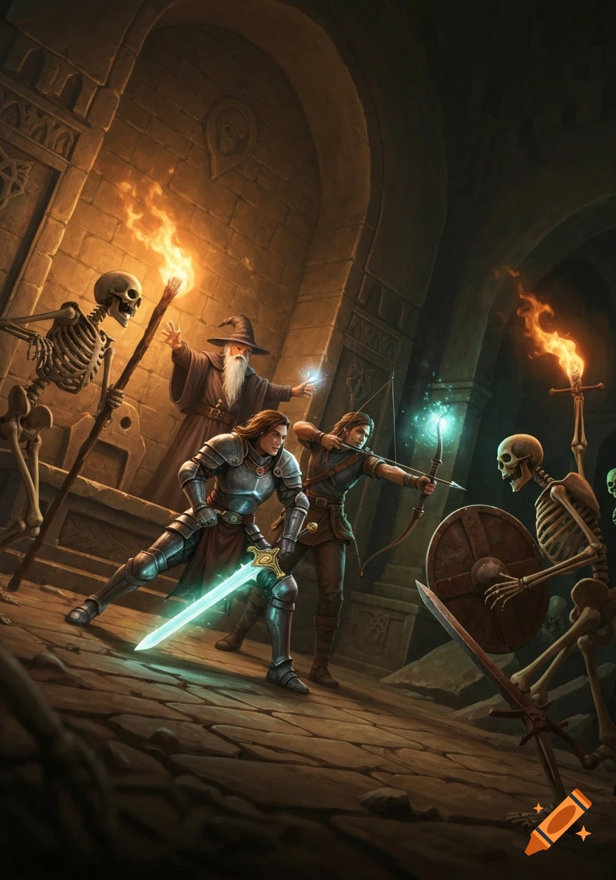 Fantasy illustration of a knight, wizard, and archer battling skeletons in a dimly lit dungeon.