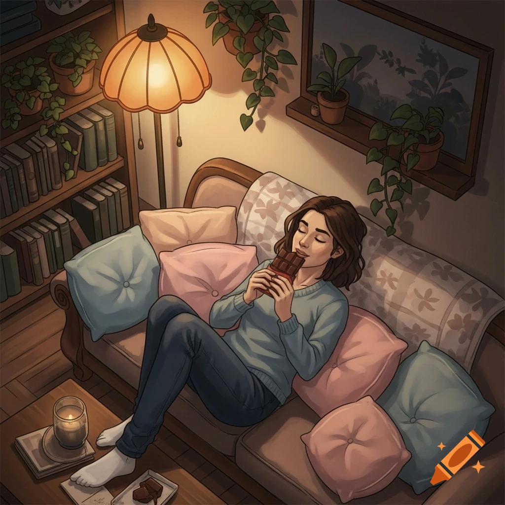 An illustrated woman reclines on a cozy living room couch, enjoying a chocolate bar under warm lamp light.