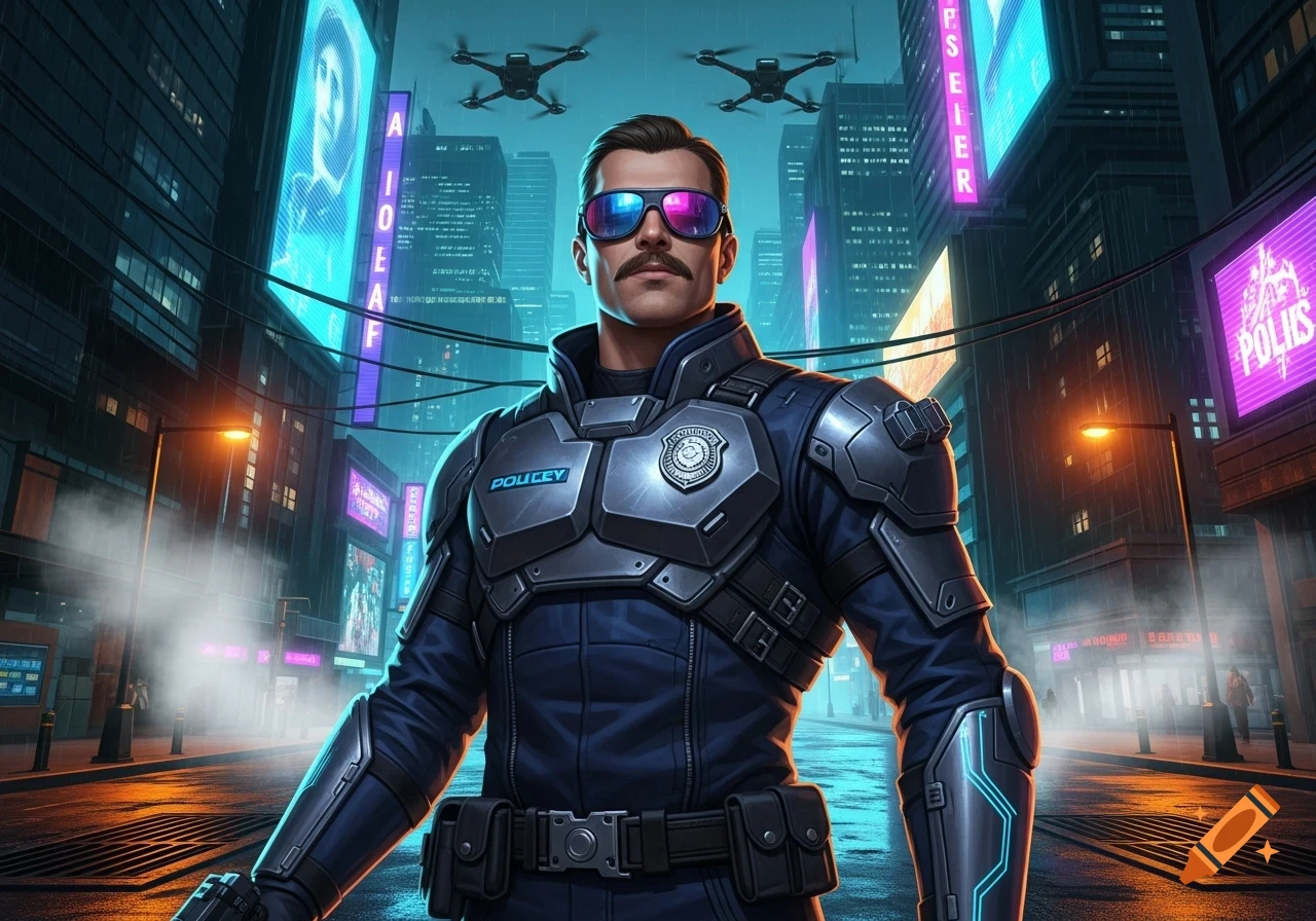 A cyberpunk police officer with a mustache and reflective sunglasses stands in a rainy futuristic city with neon signs and flying drones.