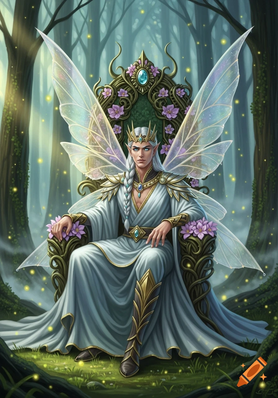 A white-haired fairy king with shimmering wings sits on an ornate floral throne in an enchanted forest.