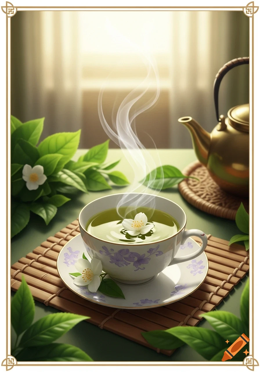 Steaming cup of green tea with a jasmine flower, alongside a golden teapot and fresh tea leaves on a bamboo mat.