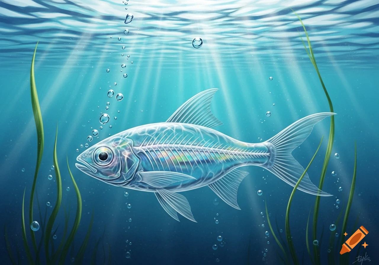 An illustration of a transparent fish with visible bones swimming underwater, illuminated by sun rays, with bubbles and green plants.