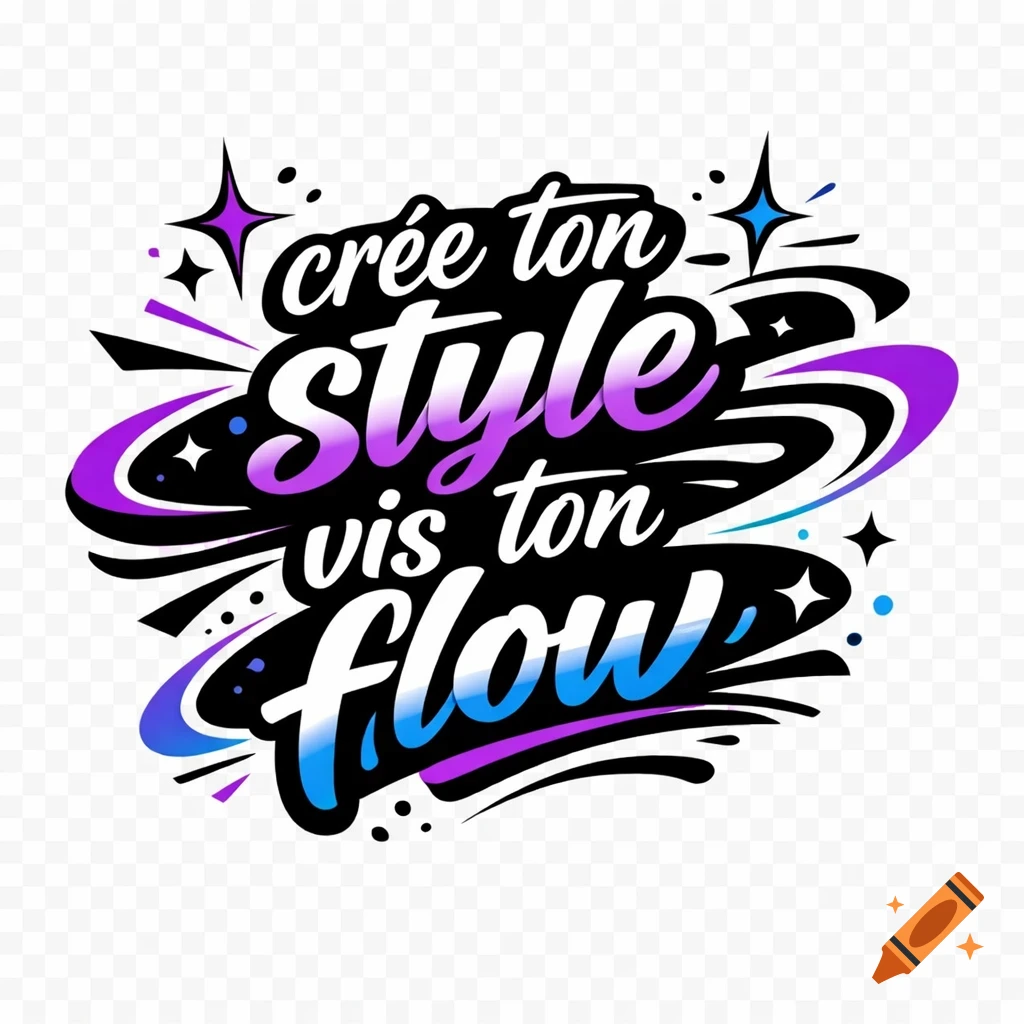 Stylized text 'crée ton style vis ton flow' in black, purple, and blue with abstract lines and sparks on a transparent background.