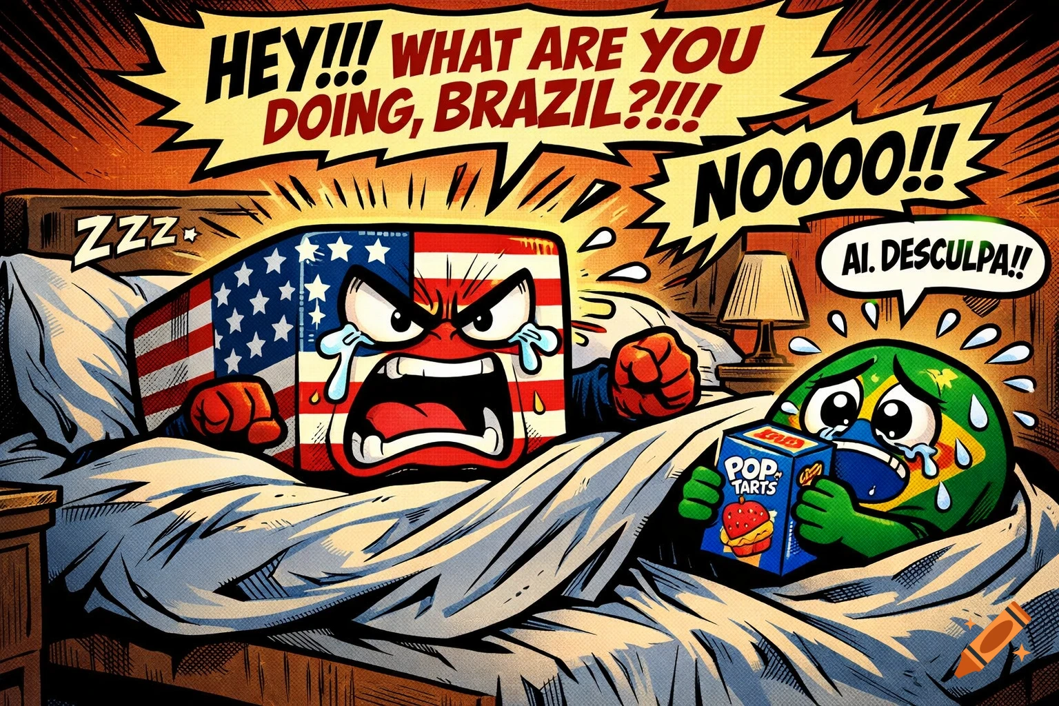 Comic style image of USA countryball screaming and crying in bed, while Brazil countryball cries next to it, holding a Pop Tarts box.